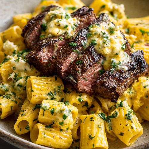 Cheesy Garlic Butter Steak with Rigatoni