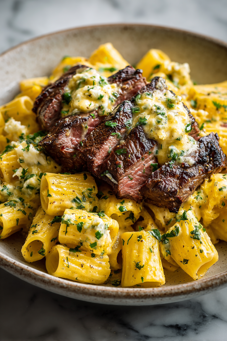 Cheesy Garlic Butter Steak with Rigatoni