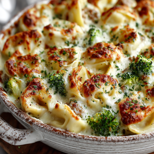 Creamy Garlic Sausage Tortellini Bake