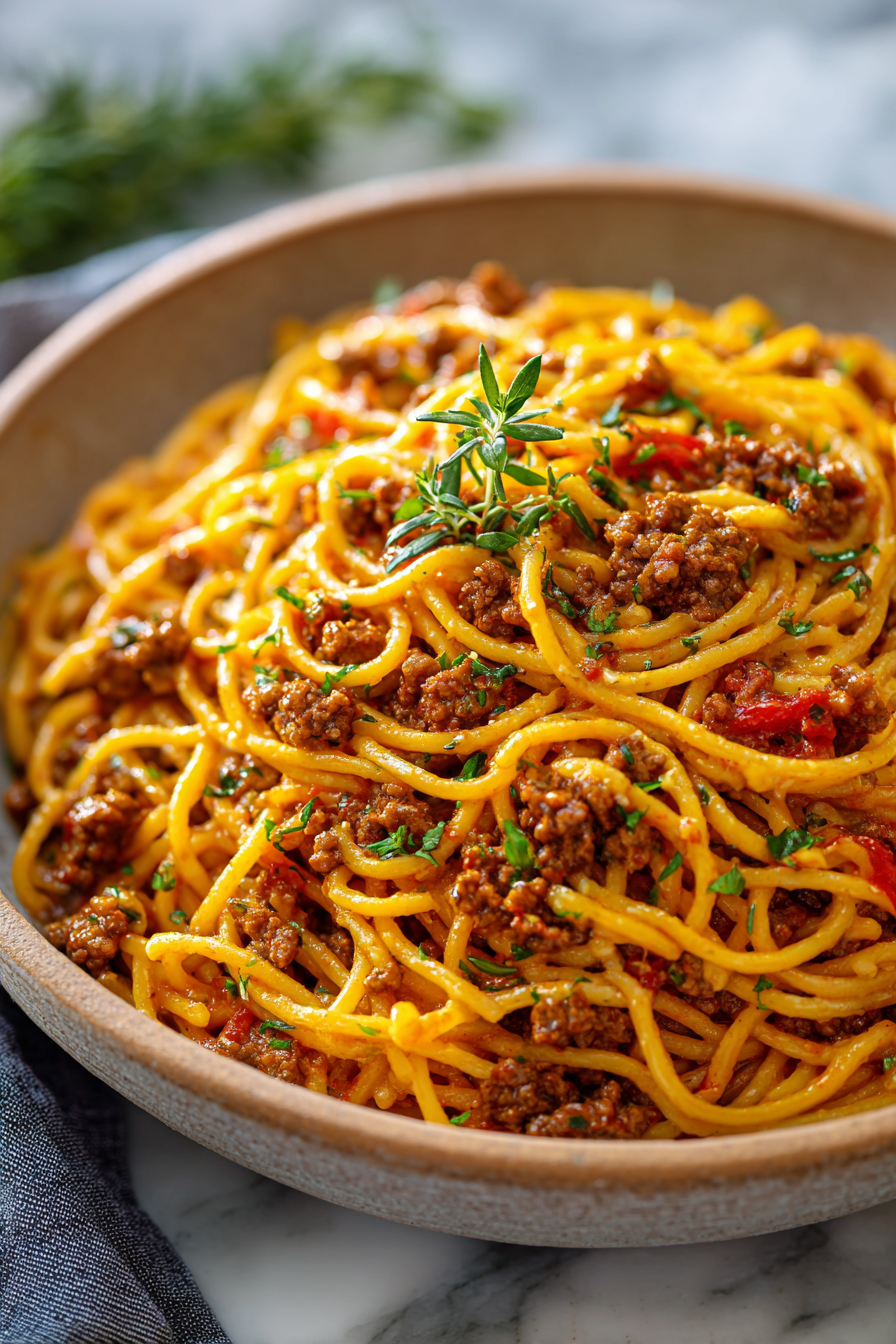 Creamy Velveeta Italian Beef Spaghetti