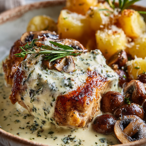 Crispy Chicken Chestnut Garlic Alfredo