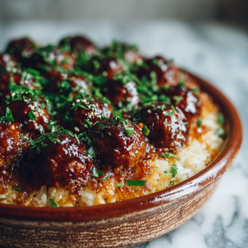 Easy Honey Garlic Meatball Rice Bake