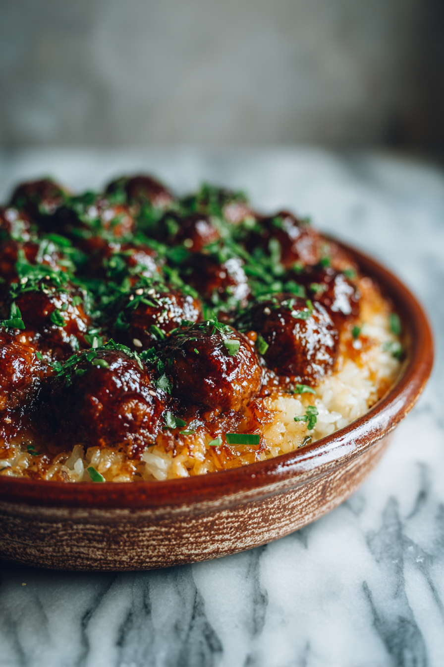 Easy Honey Garlic Meatball Rice Bake