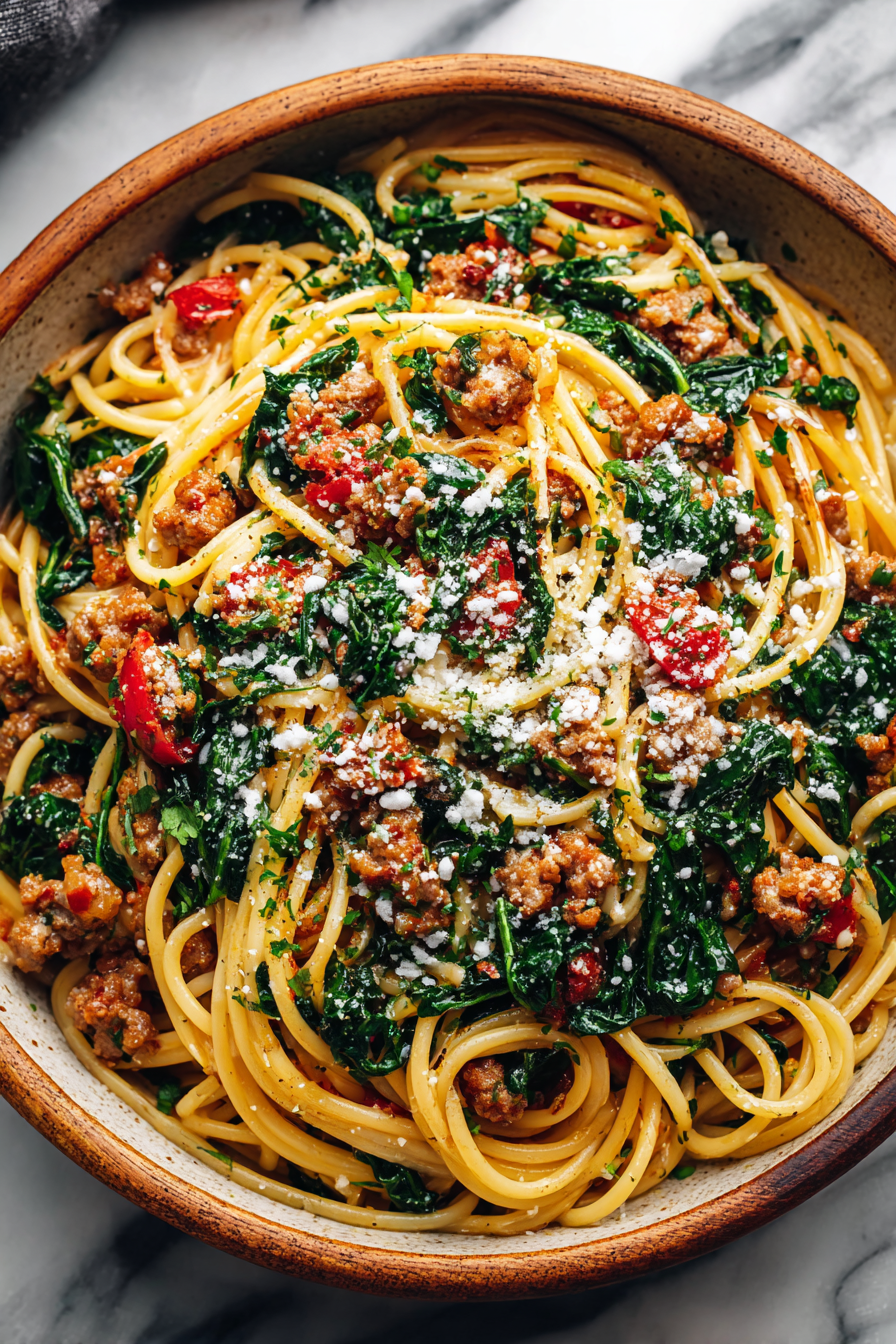 Garlic Butter Sausage Spaghetti Dish