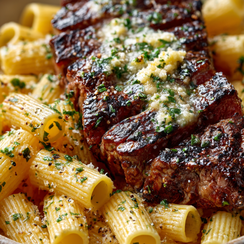 Garlic Butter Steak with Parmesan Rigatoni