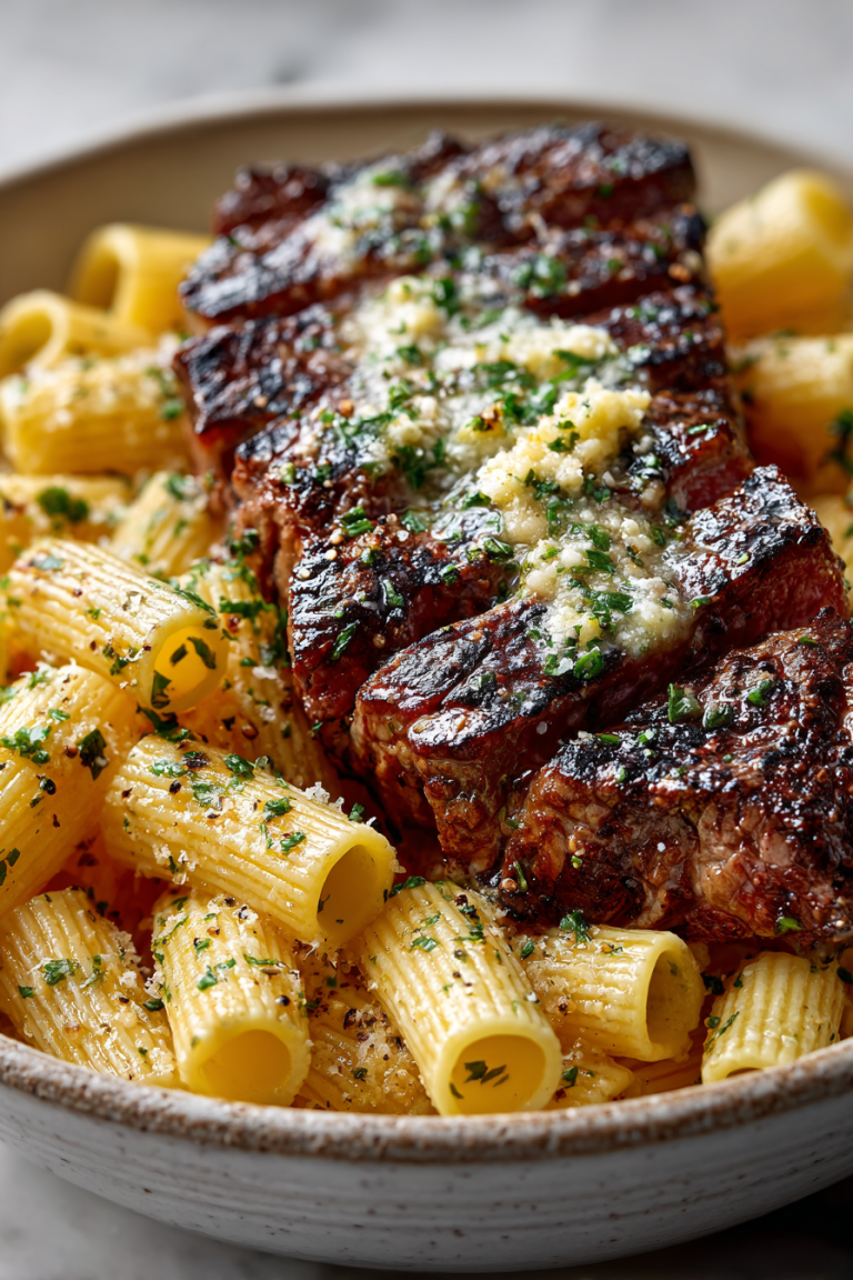 Garlic Butter Steak with Parmesan Rigatoni