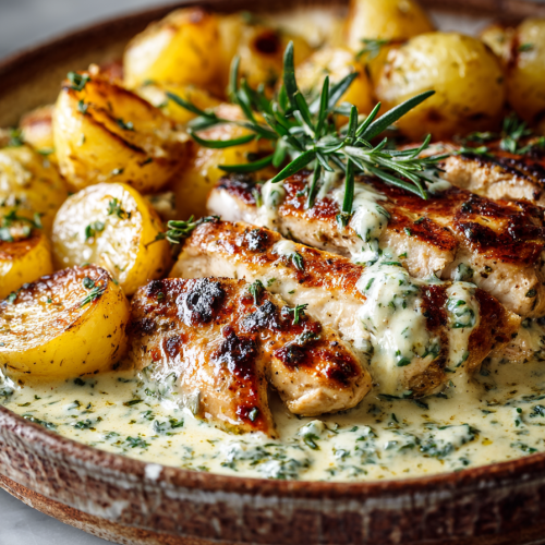 Greek Chicken Alfredo with Garlic Potatoes