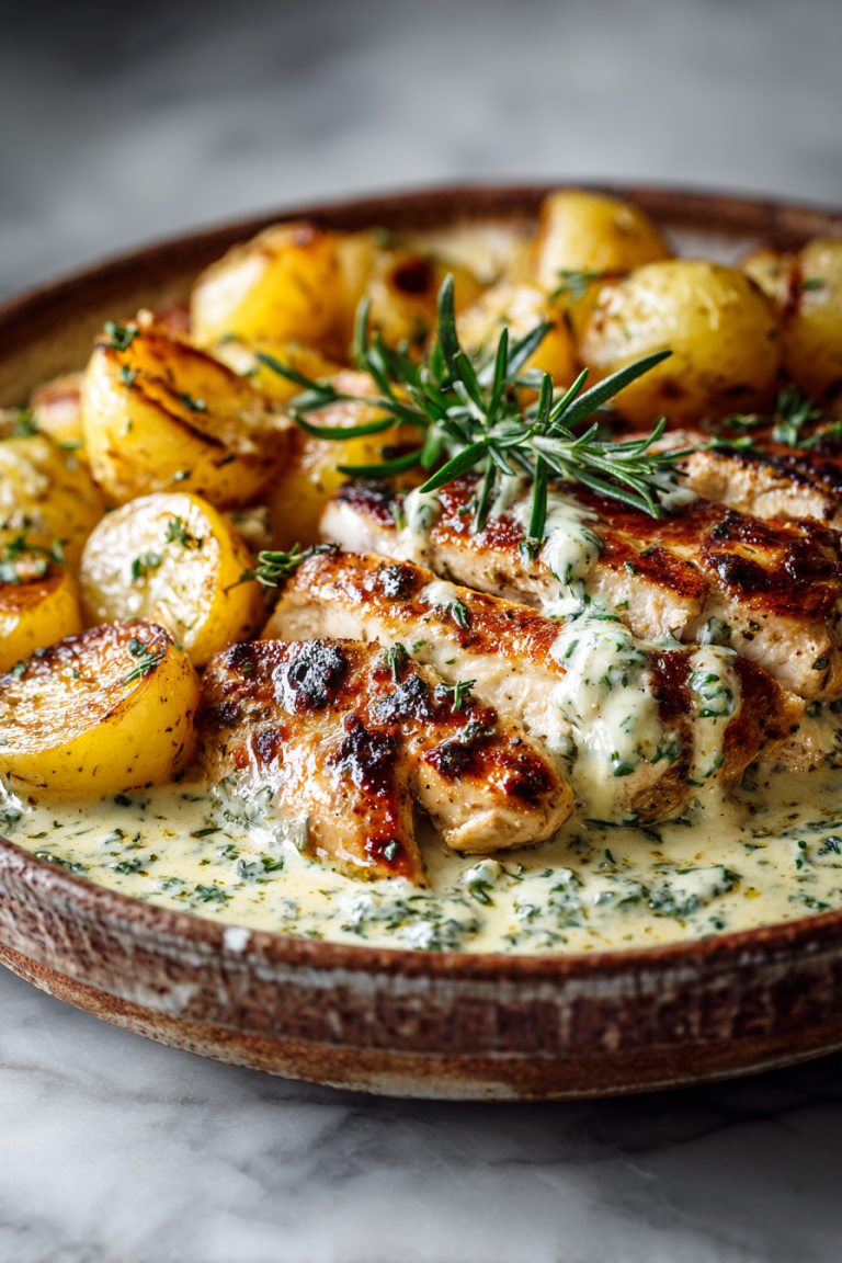 Greek Chicken Alfredo with Garlic Potatoes