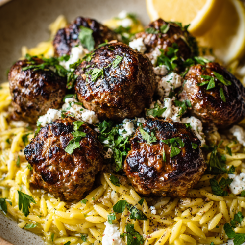 Herby Greek Meatballs with Lemon Orzo