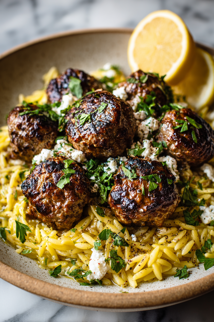 Herby Greek Meatballs with Lemon Orzo