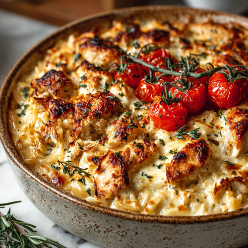 Mediterranean Creamy Chicken Orzo Bake