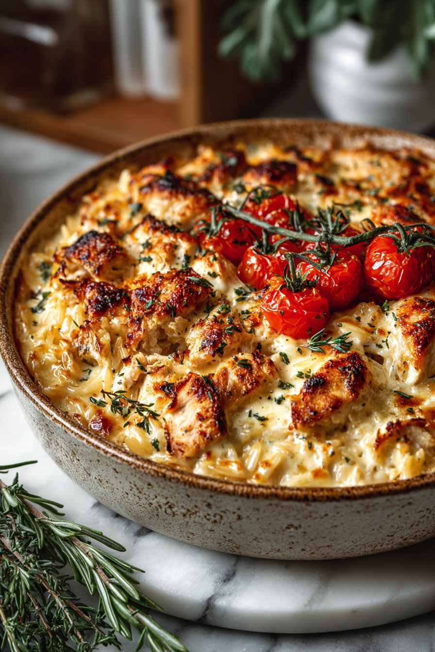 Mediterranean Creamy Chicken Orzo Bake