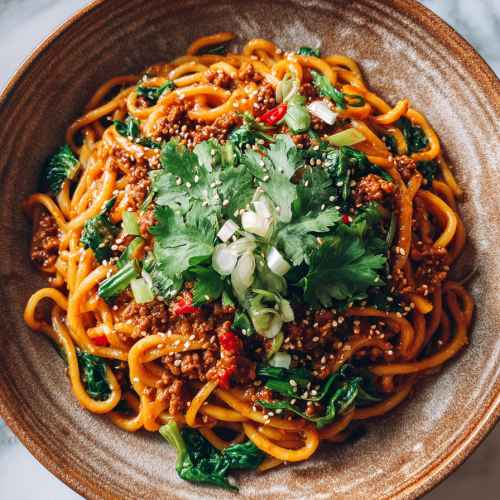 Spicy Peanut Gochujang Noodles with Turkey