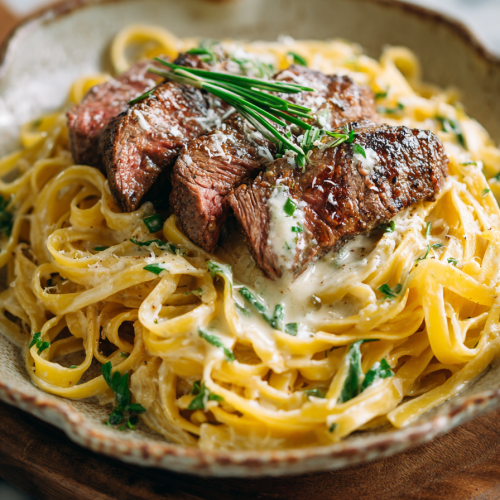 Velveeta Steak Fettuccine with Garlic Butter Sauce