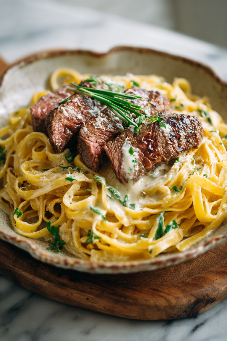 Velveeta Steak Fettuccine with Garlic Butter Sauce